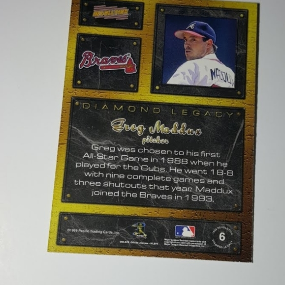 1999 Pacific Greg Maddox MLB Trading Card #6 - Picture 2 of 3